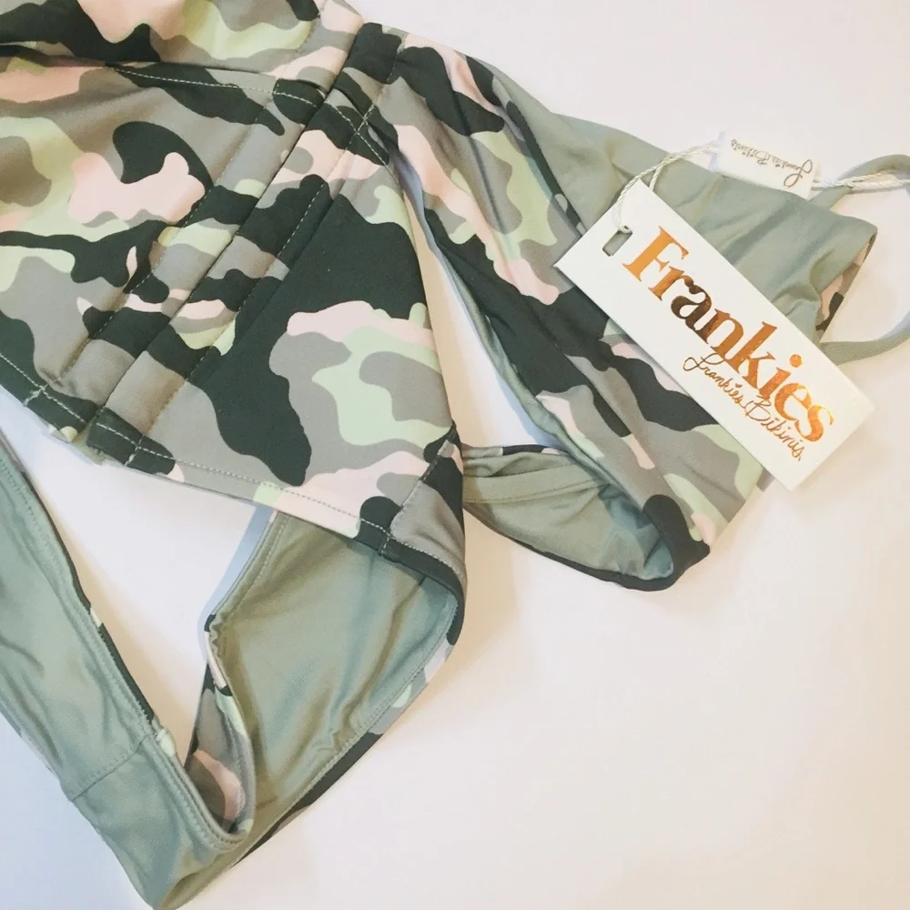 FRANKIE'S BIKINIS Camo Corset Cheeky Bikini Set Size MEDIUM Swimsuit Beach $195